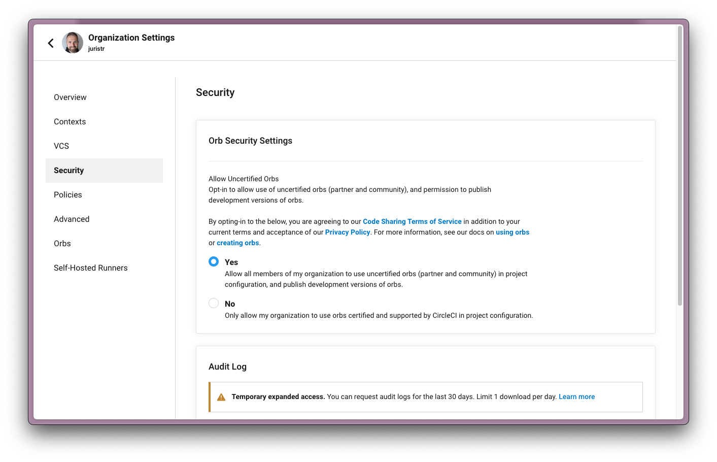 Adjust ORB Security Settings in Circle CI